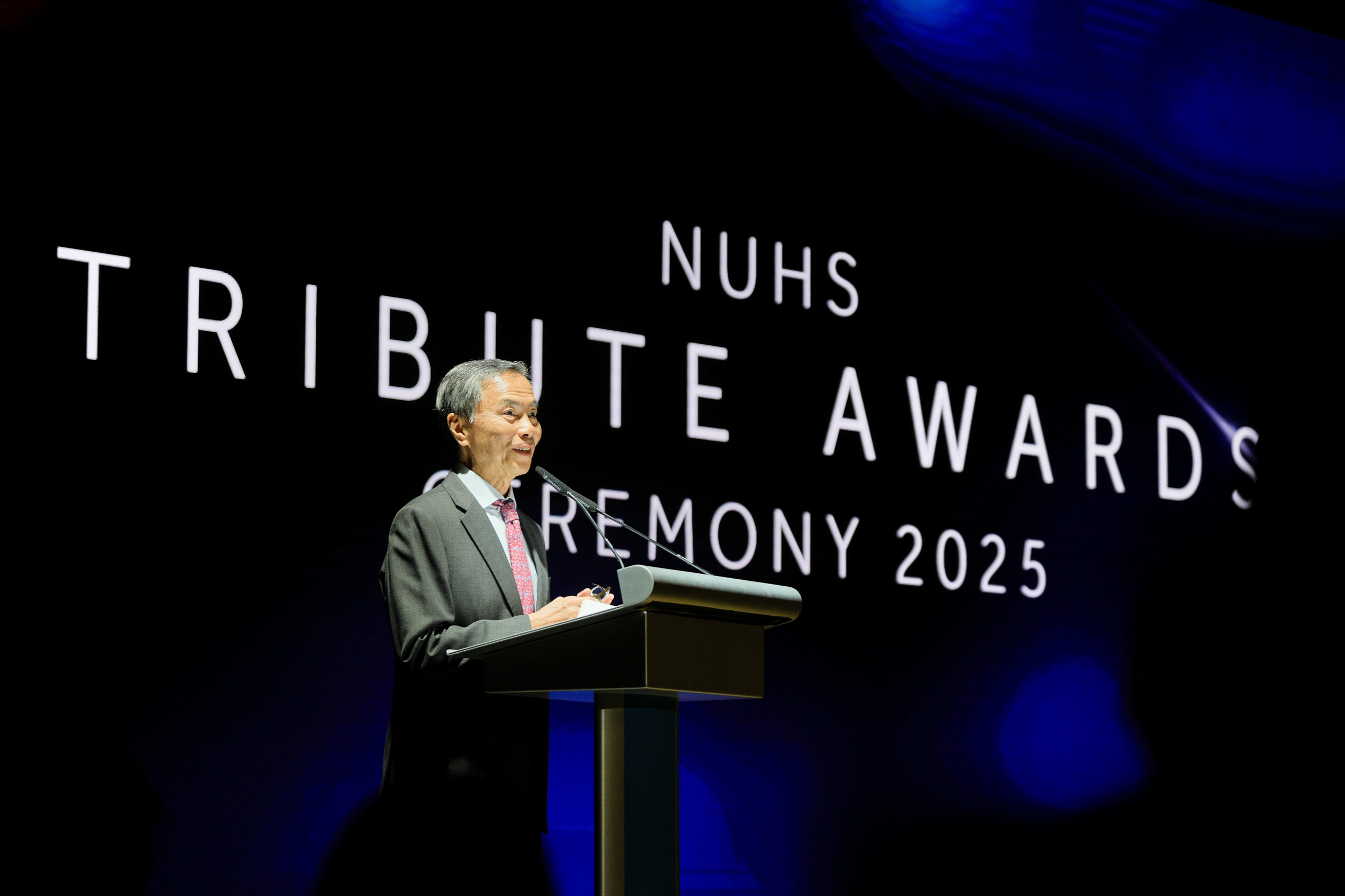 Mr Hsieh Fu Hua delivering his speech at NUHS Tribute Awards Ceremony 2025